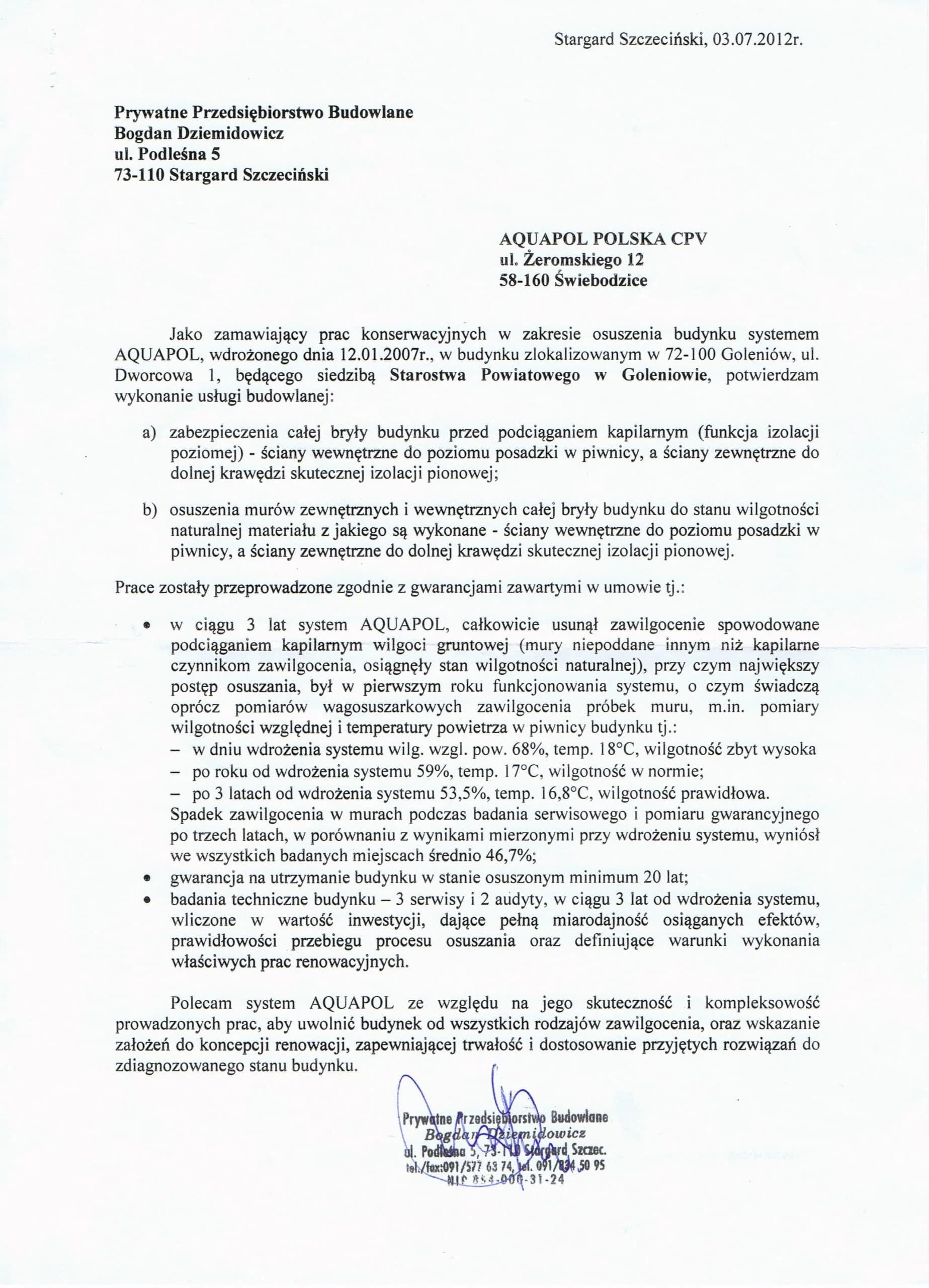 List referencyjny zamawiającego prace osuszania w budynku Starostwa Powiatowego w Goleniowie z 3 lipca 2012 roku