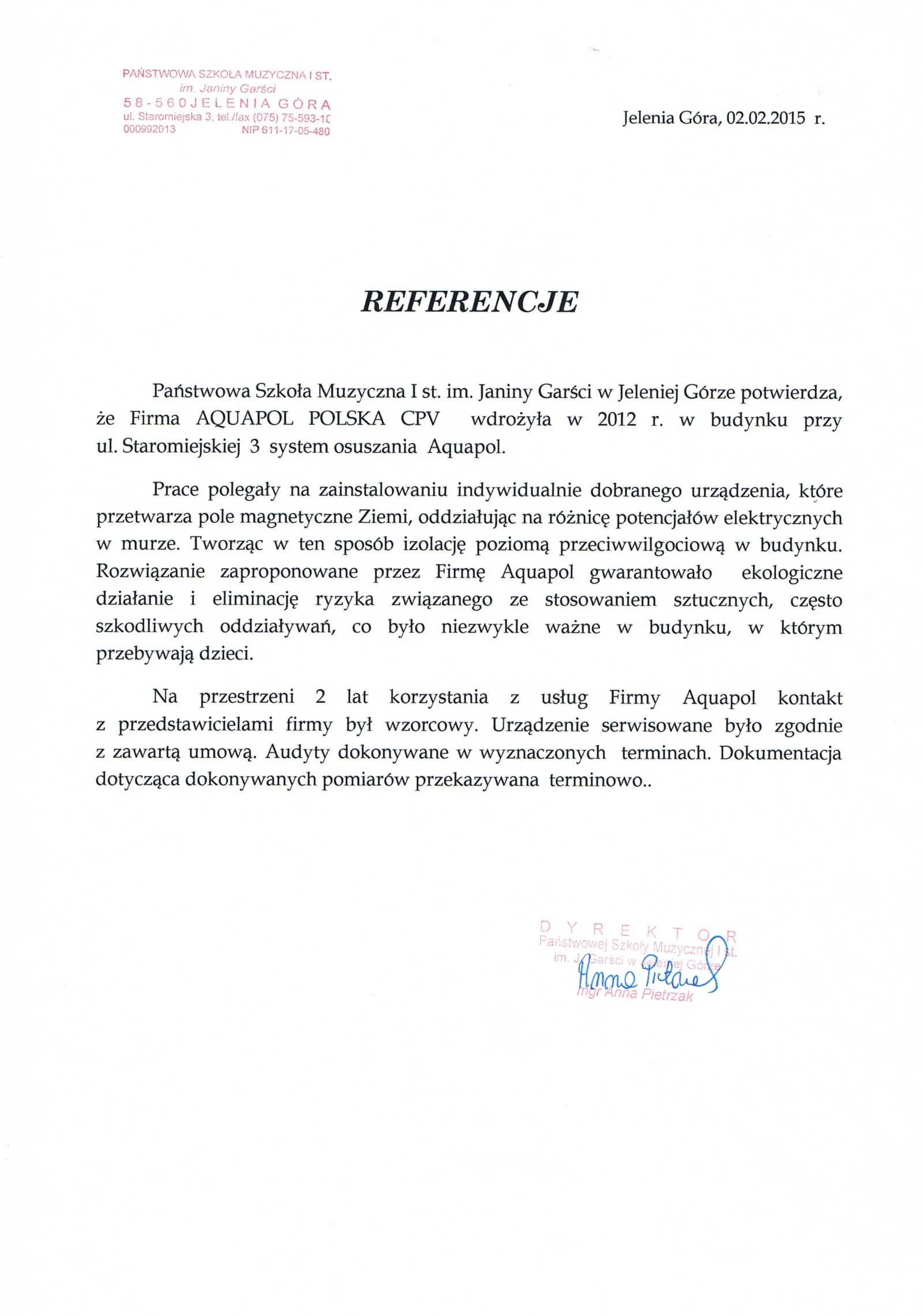 List referencyjny Państwowej Szkoły Muzycznej w Jeleniej Górze z 2 lutego 2015 roku, podpisany przez dyrektor szkoły