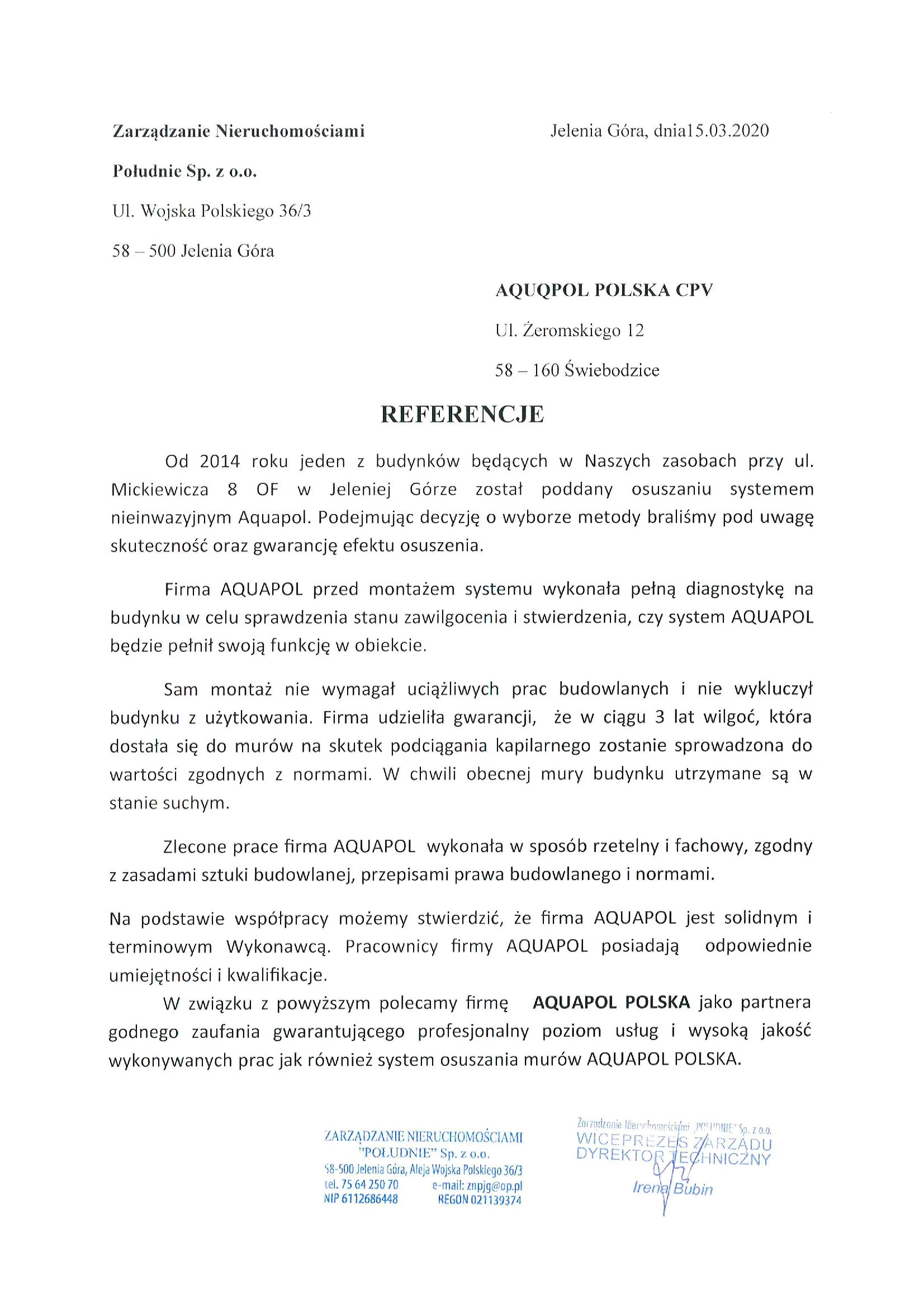 List referencyjny Zarządzania Nieruchomościami „Południe” w Jeleniej Górze z 15 marca 2020 roku