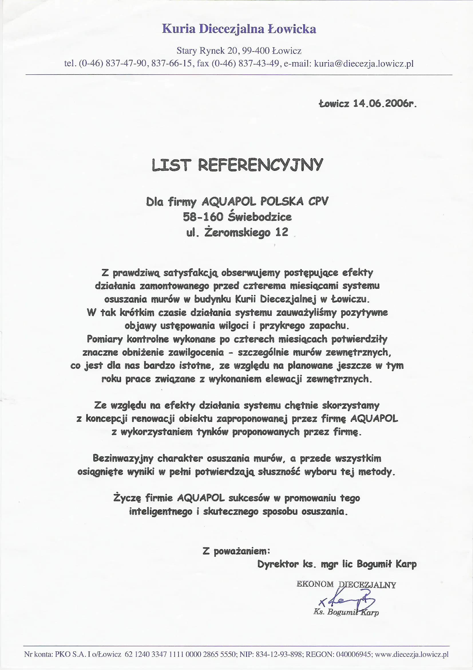 List referencyjny Kurii Diecezjalnej Łowickiej z 14 czerwca 2006 roku