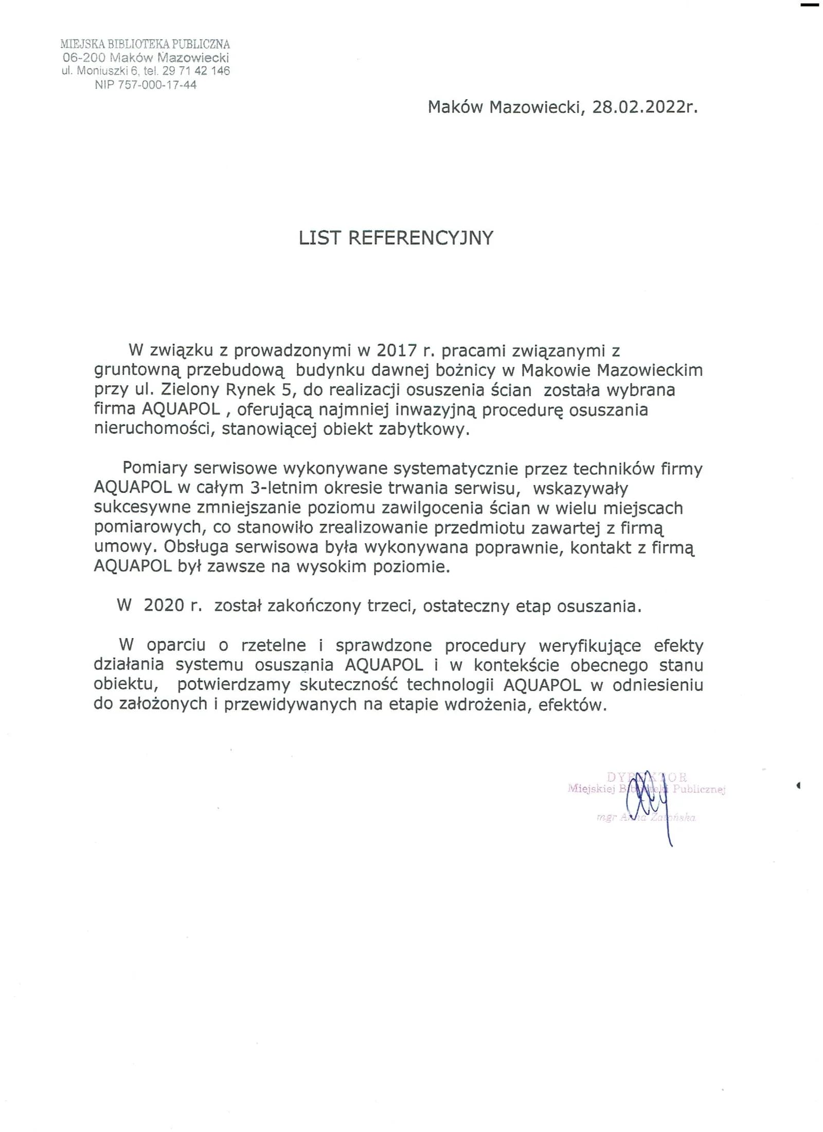 List referencyjny Miejskiej Biblioteki Publicznej w Makowie Mazowieckim z 28 lutego 2022 roku o osuszaniu dawnej bożnicy