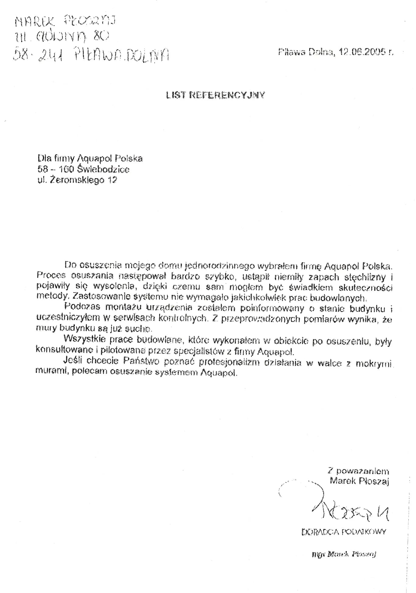 List referencyjny Marka Płoszaja z Piławy Dolnej z 12 czerwca 2005 roku
