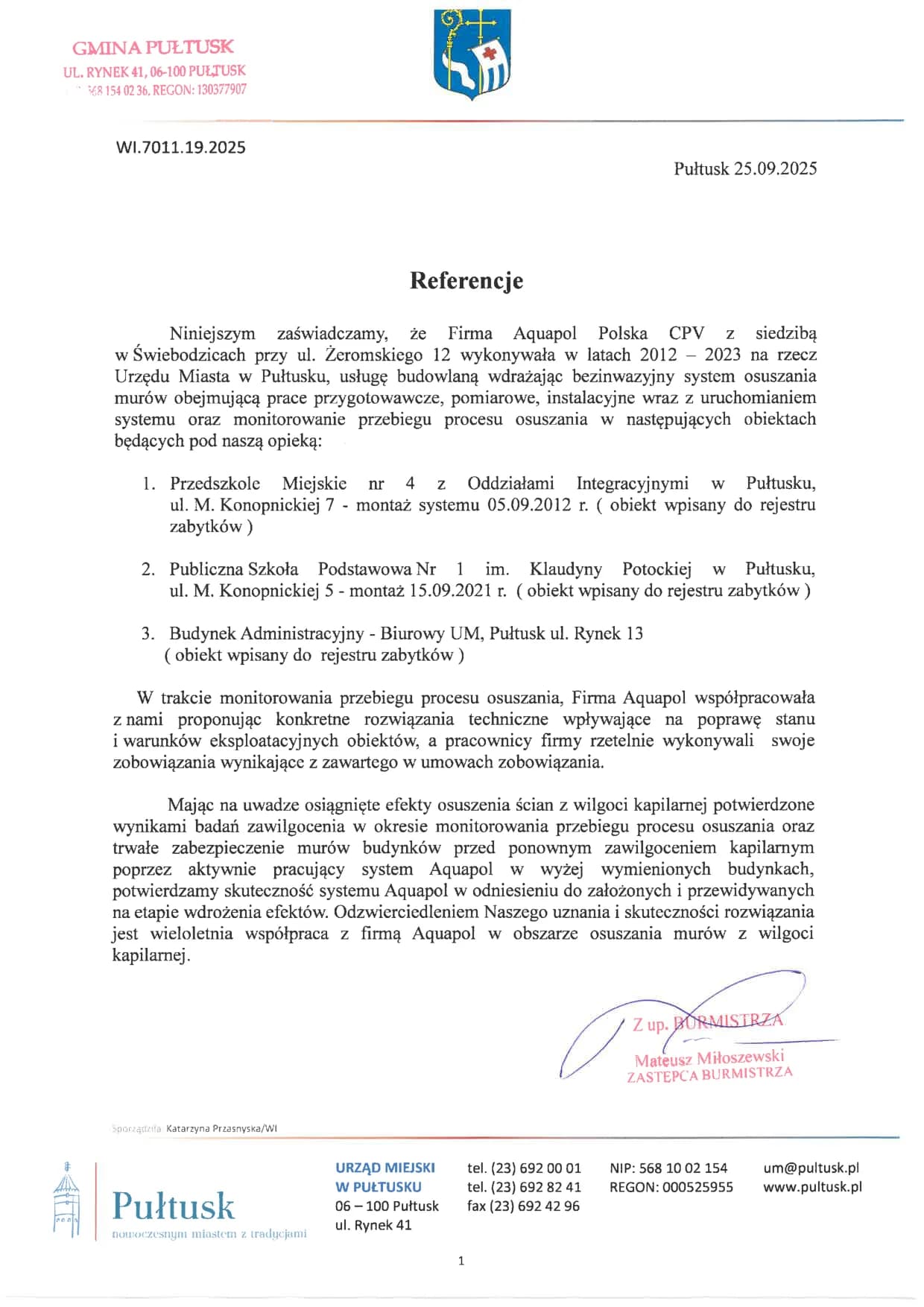 Referencje Gminy Pułtusk z 25 września 2025 roku dla trzech zabytkowych budynków, w tym przy ul. Rynek 13