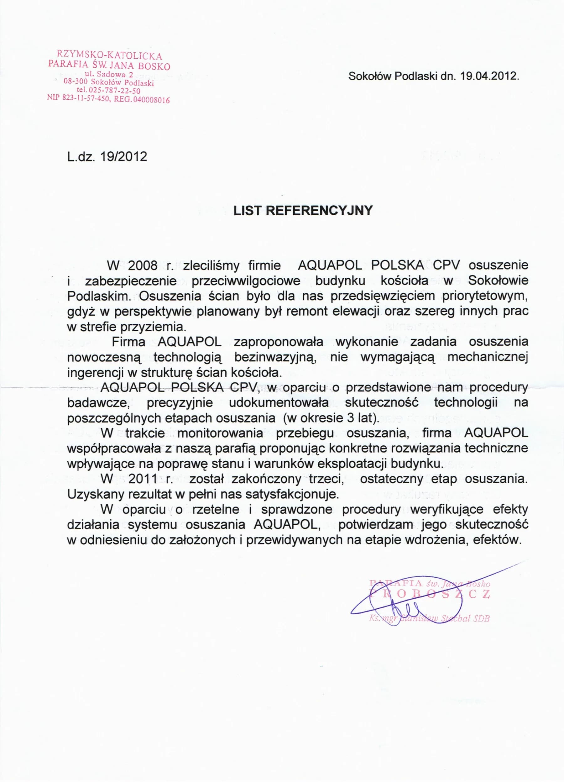 List referencyjny parafii św. Jana Bosko w Sokołowie Podlaskim z 19 kwietnia 2012 roku